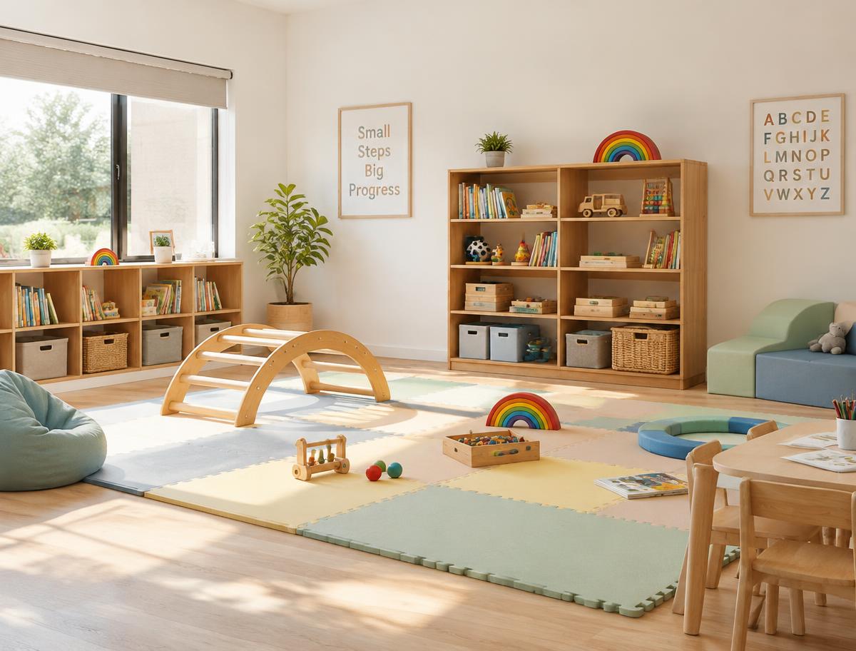Bright therapy room with soft play mats and learning materials