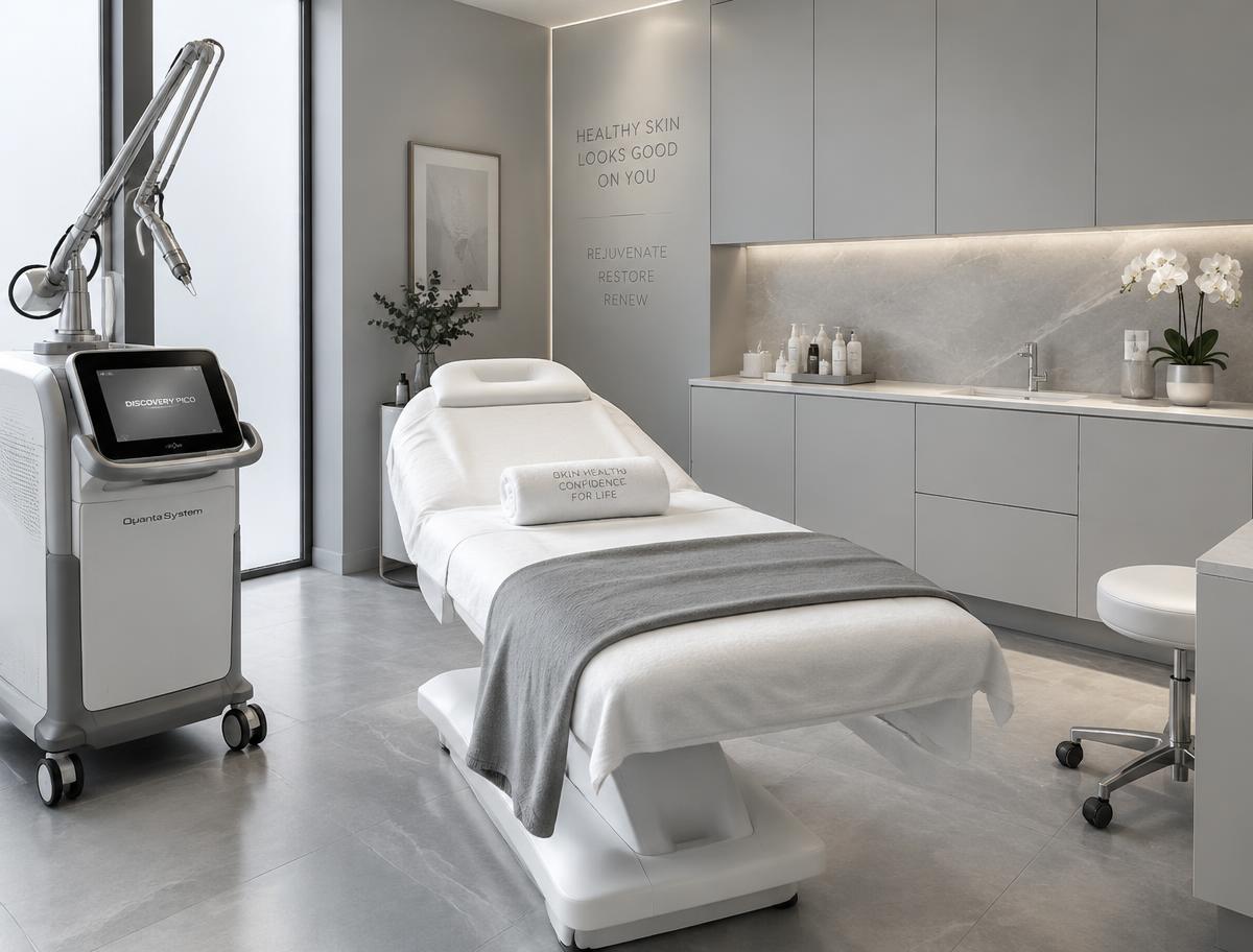 Medical aesthetics treatment room with a treatment bed and laser device