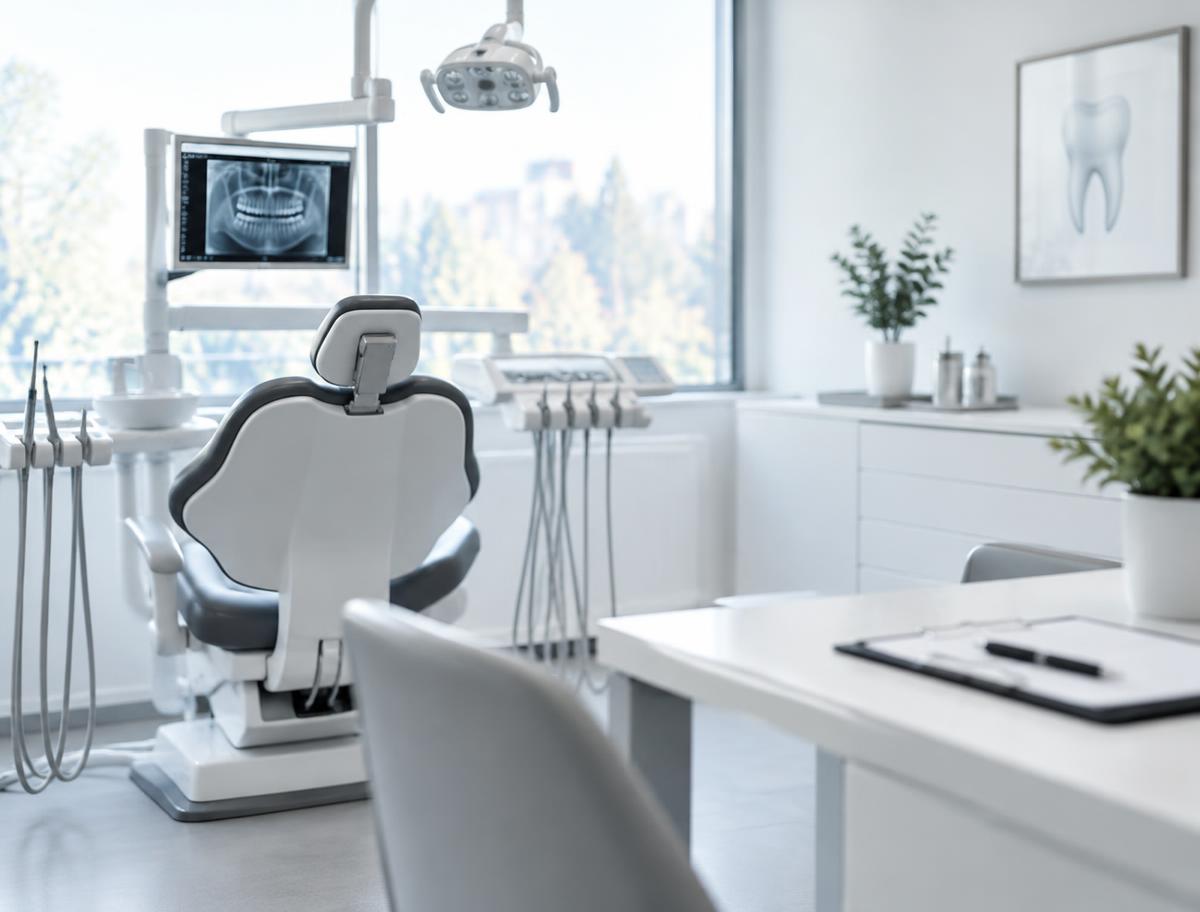 Modern dental treatment room with a dental chair and X-ray screen