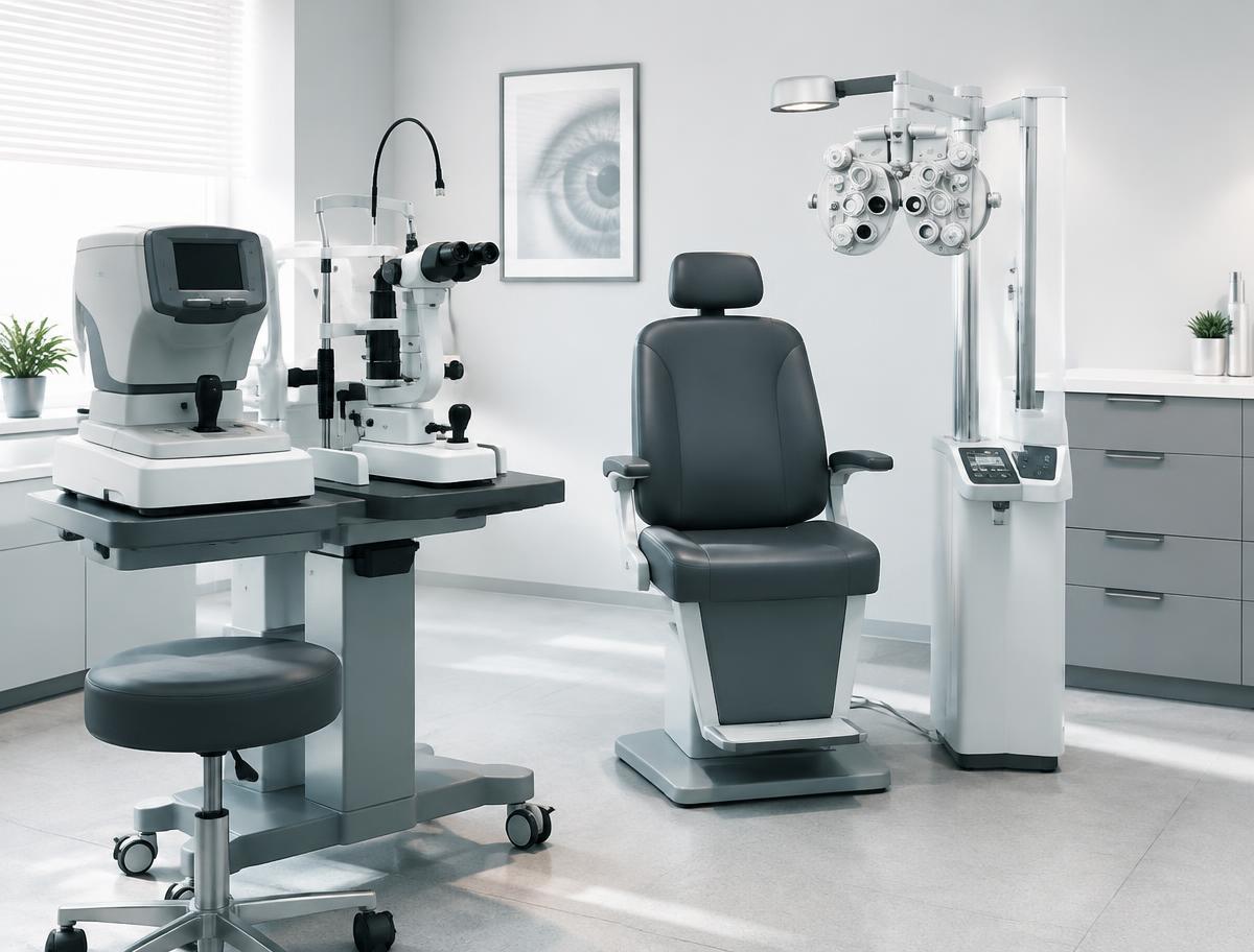 Eye clinic examination room with ophthalmic diagnostic equipment