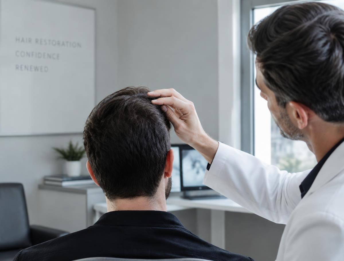 Clinician examining a patient's hairline during a consultation