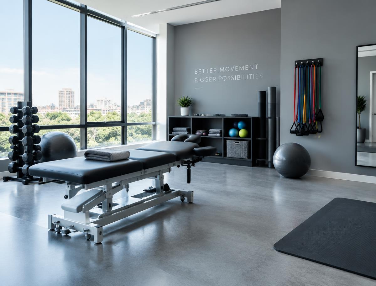 Physiotherapy clinic with a treatment table and exercise equipment